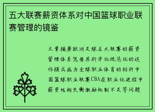 五大联赛薪资体系对中国篮球职业联赛管理的镜鉴