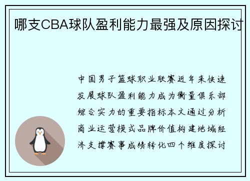 哪支CBA球队盈利能力最强及原因探讨